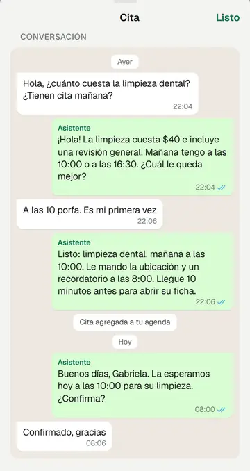 Panel del negocio: la conversación de una clienta con el asistente, que le da el precio, le agenda la cita y se la confirma