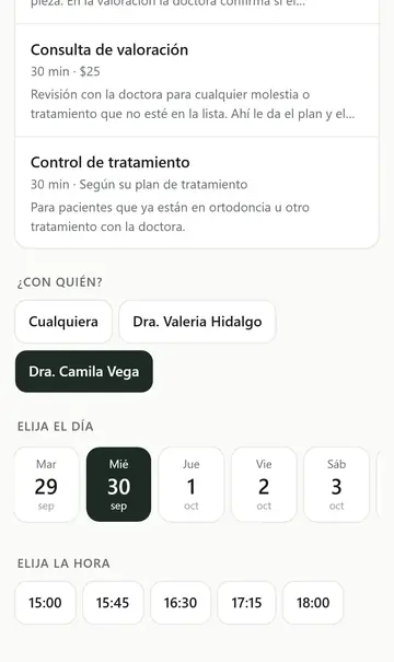Página de reservas: eliges con quién, el día y uno de los horarios libres