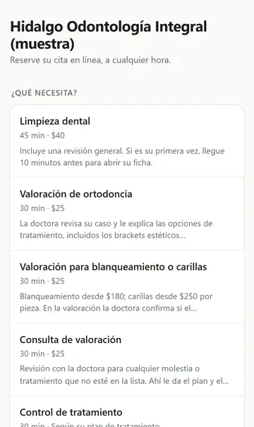 Página de reservas de un consultorio dental de ejemplo: lista de servicios con duración y precio, como limpieza dental de 45 minutos a $40
